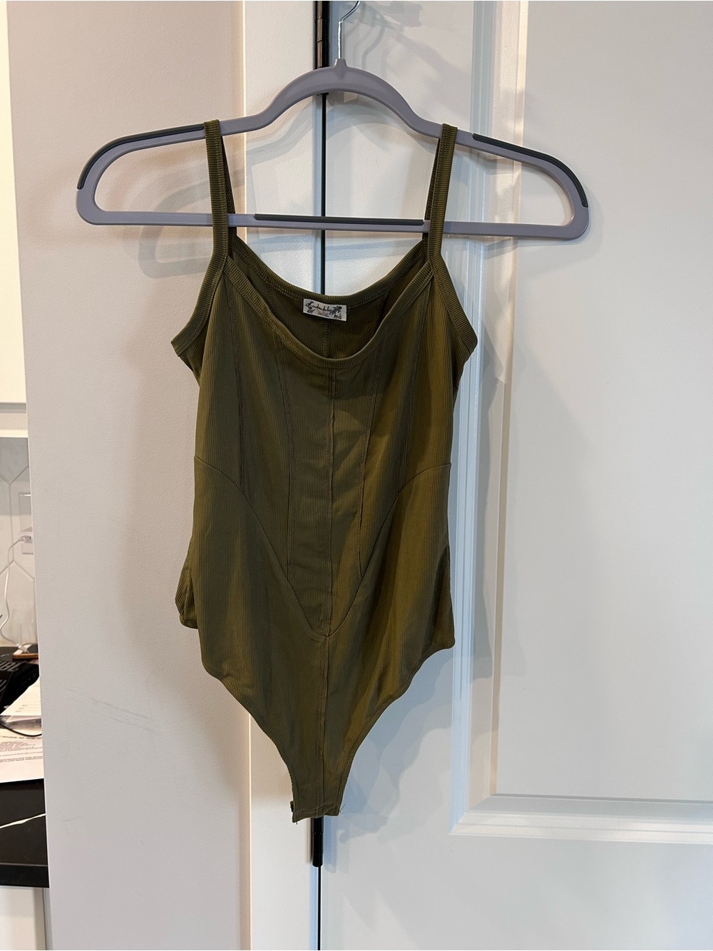 Free People Ribbed Olive Green Stretch Bodysuit Snap Closure Fitted Minimalist